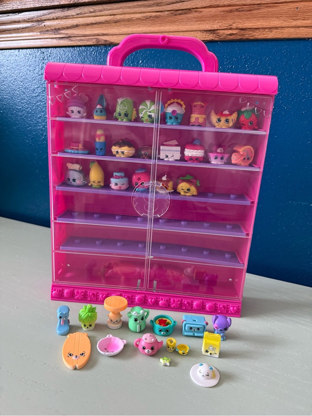 Shopkins Pink Carrying Display Case Shelf with Mixed Lot of 37 Figurines EUC